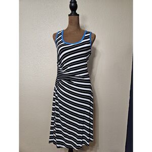 Calvin Klein Women’s Sleeveless Striped Midi Dress Black White Ruched Side Sz 4